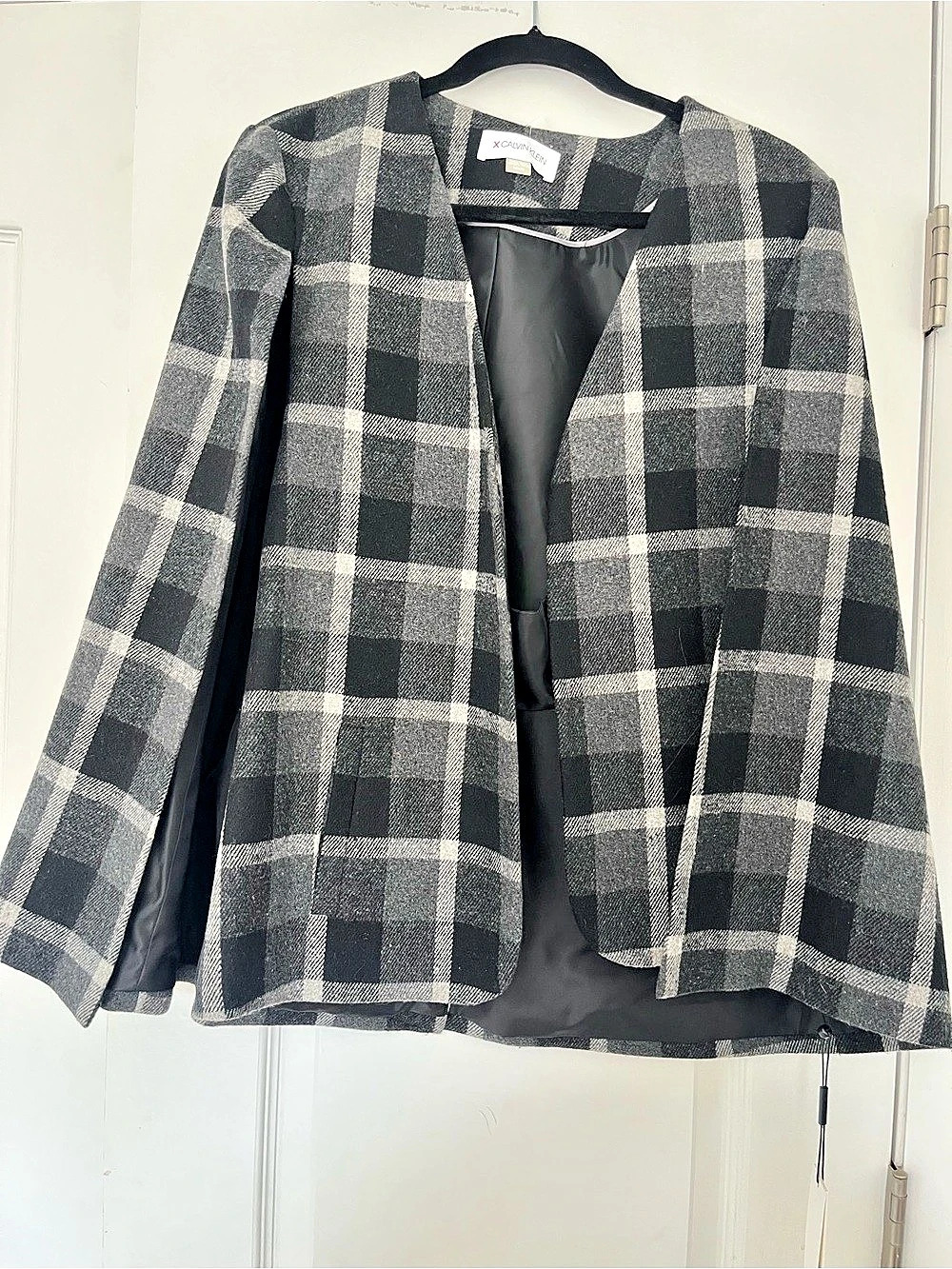 Calvin Klein Plaid Open Front Suit Jacket Blazer Plaid Blazer in Gray & Black si
